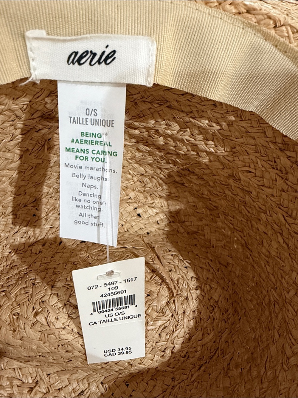 aerie Natural Straw Sun Hat with Interior Label - Picture 2 of 3